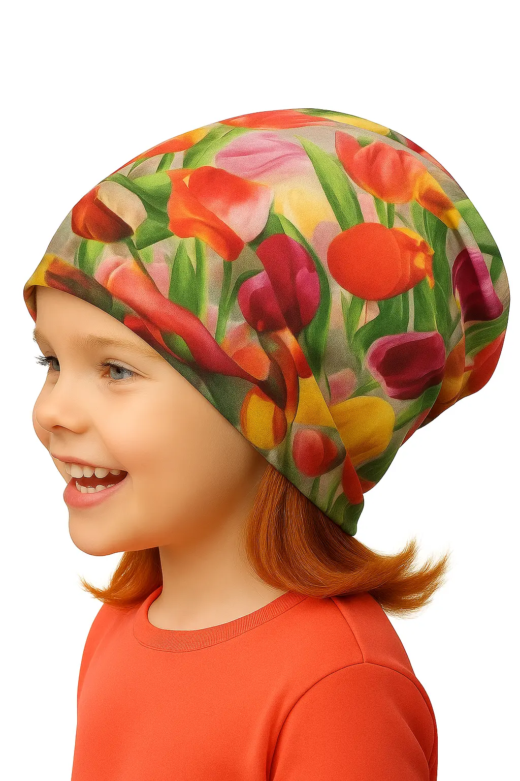 Dětská čepice s motivem barevných tulipánů